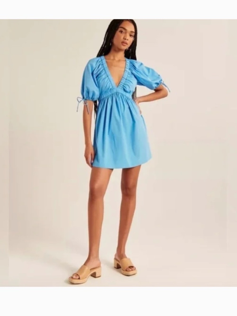 Abercrombie Blue Mini Dress Large Tall Puff Sleeve V Neck Ruched Babydoll Dress